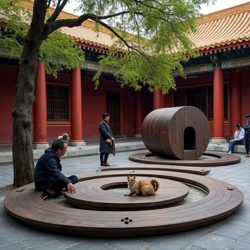 award-winning architectural photograph of public seating installation in ancient courtyard of Forbidden City. Innovative design named Ripples of Time & a Cat's Secret Garden. Dark, reclaimed wood concentric rings create a playful environment for cats. Serene atmosphere with visitors observing. Warm ambiance from hidden LED lighting. Cats interact with space under apricot tree. The scene displays harmony between nature and architecture.