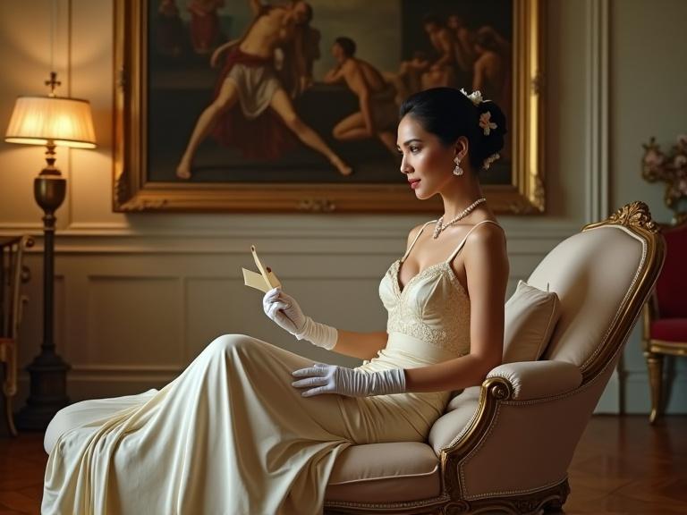 A woman elegantly poses in an ornate antique chaise lounge. She wears a cream dress with intricate details. Accessories include white gloves and pearl earrings. Her hair is styled in an elaborate updo. The room features classical decor with a large painting depicting a historical scene. Warm lighting casts soft shadows throughout. The woman holds a delicate object, showcasing her poise and grace.