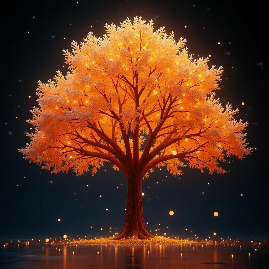 3D image of a large glowing tree with sparkling leaves. Tree appears vibrant and magical. Background is dark.