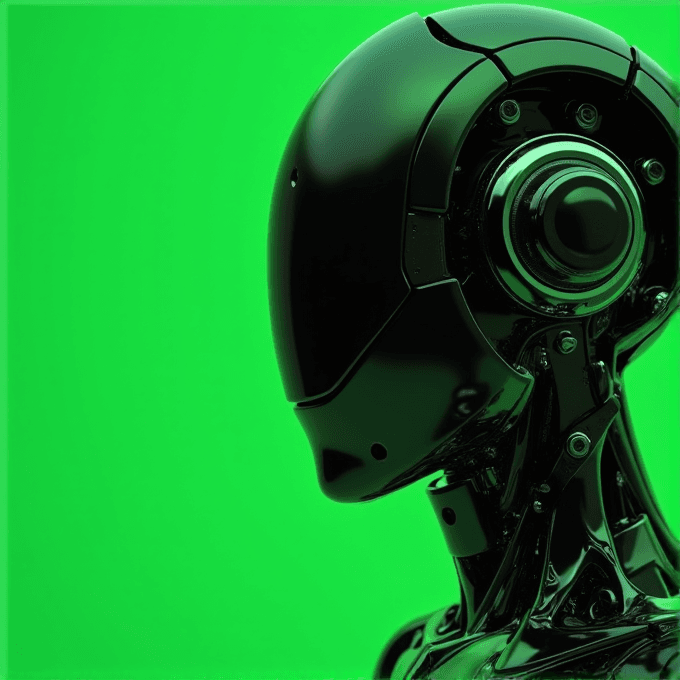 A sleek, black robotic head set against a bright green background, showcasing a futuristic design.