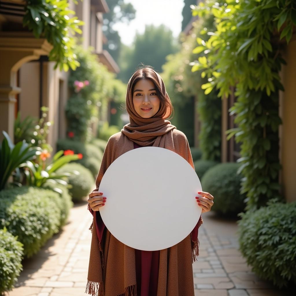 A beautiful thirty-five-year-old Iranian woman holds a round white sign in a garden. The scene showcases a large, natural garden space. She wears beautiful headscarf and full outfit. The focus is on the round sign, clearly visible in the image.