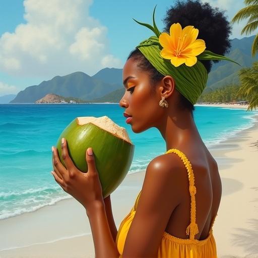 Modern expressionist oil painting portrait of flawless young female with light caramel skin. Hair tied with green headband adorned with yellow flower. Wearing mustard yellow summer dress. Beachscape features ocean, shore, misty grey-green mountains. Female drinking from large coconut.