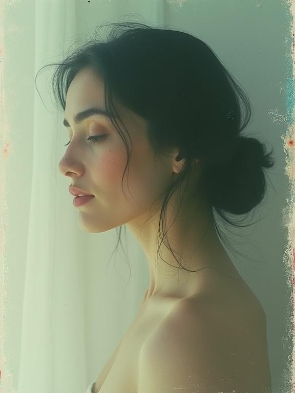 A photo captures a woman's profile with a soft pose. Imagery achieved through multiple exposures layered slightly off center. Taken with expired Polaroid film. Light and delicate colors create an artistic feel.