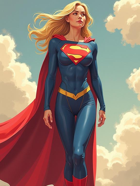 Illustration of a female superhero character with long blonde hair wearing a blue suit and red cape. Character stands confidently looking forward. Background features light clouds in the sky.