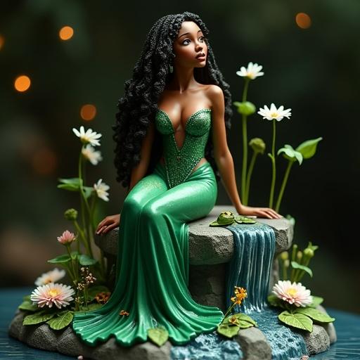 Stylized resin figure inspired by Tiana from 'The Princess and the Frog'. Displays a sensual elegance with an emerald green dress. Sits on a rock surrounded by flowers. Holds a small toad. Features a waterfall at the base. Nighttime setting with soft lights and fireflies.
