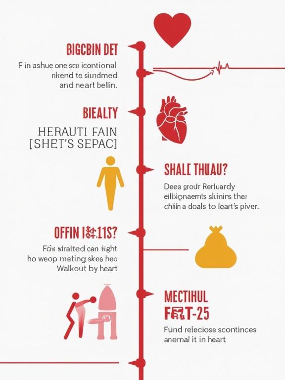 Timeline illustrating the impact of obesity on heart health. Shows consequences and processes leading to heart disease.