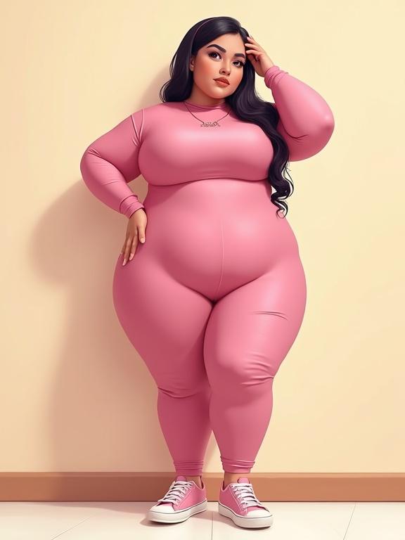 An illustration of a chubby woman with wide hips and thick thighs wearing a pink bodysuit and sneakers. She poses confidently with one hand on her head and the other on her hip, standing against a wall. The view is from the front and she looks directly at the viewer.