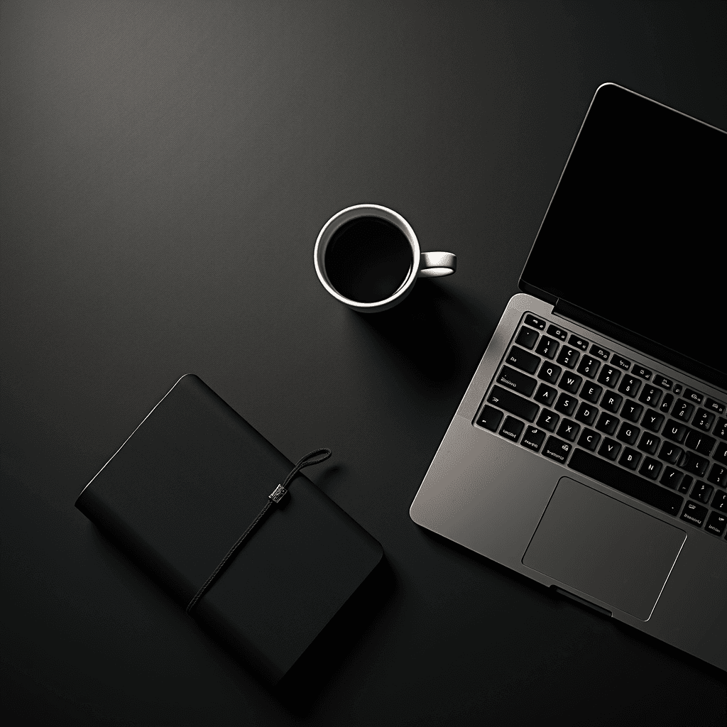 A minimalist workspace featuring a laptop, a cup of coffee, and a closed notebook on a dark surface.