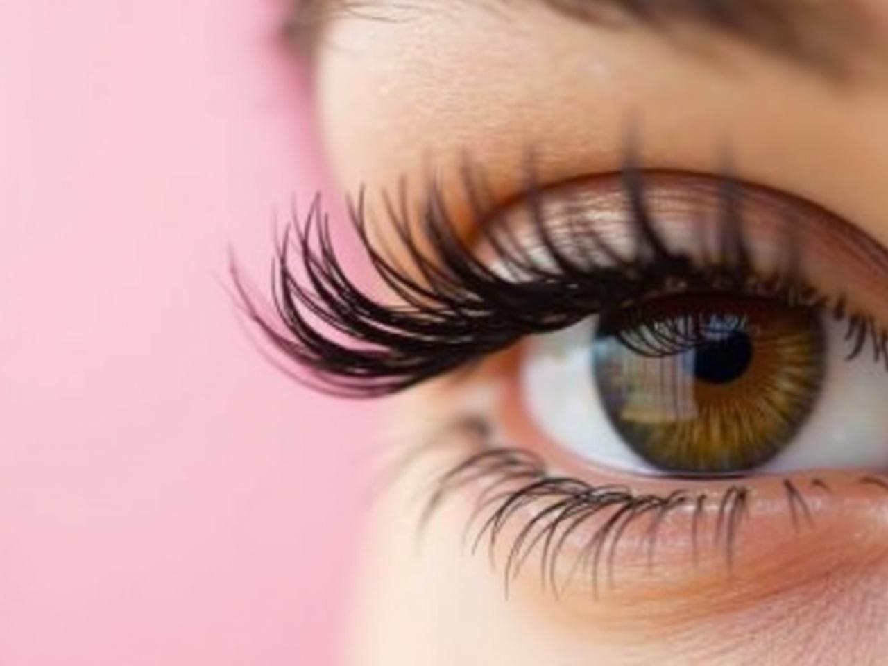 The image features a stunning close-up of an eye, showcasing mesmerizing details. The focus is on long, dark eyelashes that frame the beautiful iris. The background is a soft pink, which complements the tones of the eye. This visual highlights the intricacies of eye makeup and natural beauty. The overall lighting is soft, creating an appealing atmosphere for beauty enthusiasts.