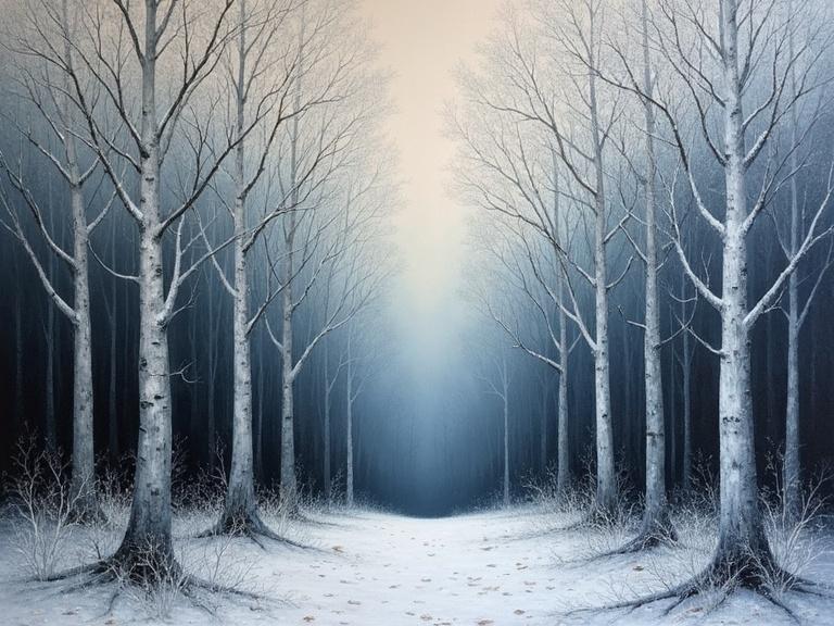 An ashen tree forest with gray trunks and white leaves extending into a gloomy sky. Ground lightly covered with white tree roots and leaf litter. Main colors white, gray, black, and dark blue. Oil painting landscape with a mix of paint mediums, abstract and surreal.