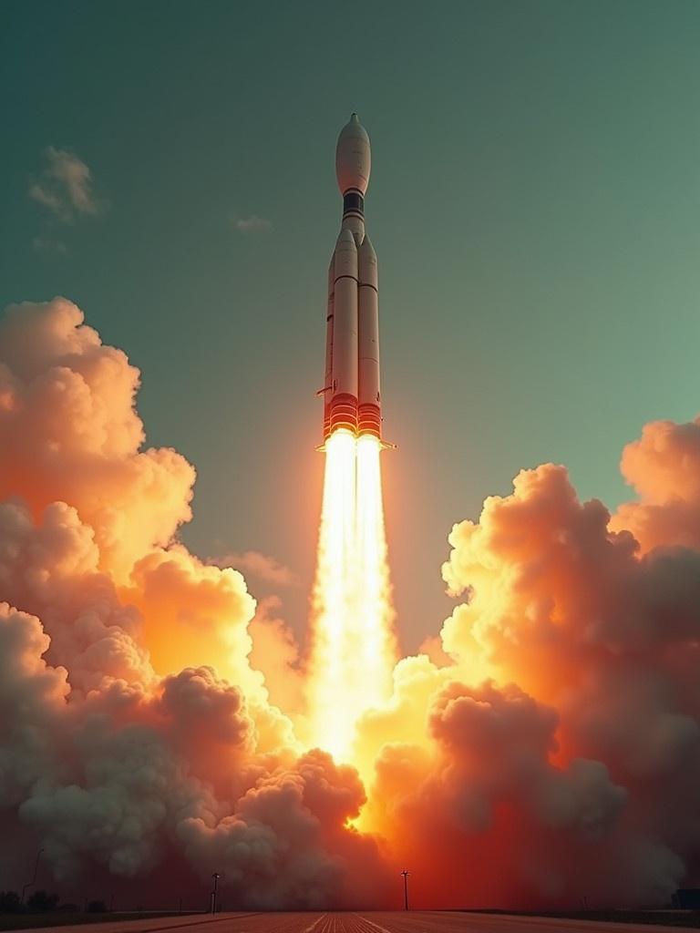 A powerful rocket launches into a dramatic sky. The rocket leaves a trail of vibrant flames and thick clouds of smoke. The background features a green sky filled with billowing clouds of smoke. The scene captures the excitement of space exploration.