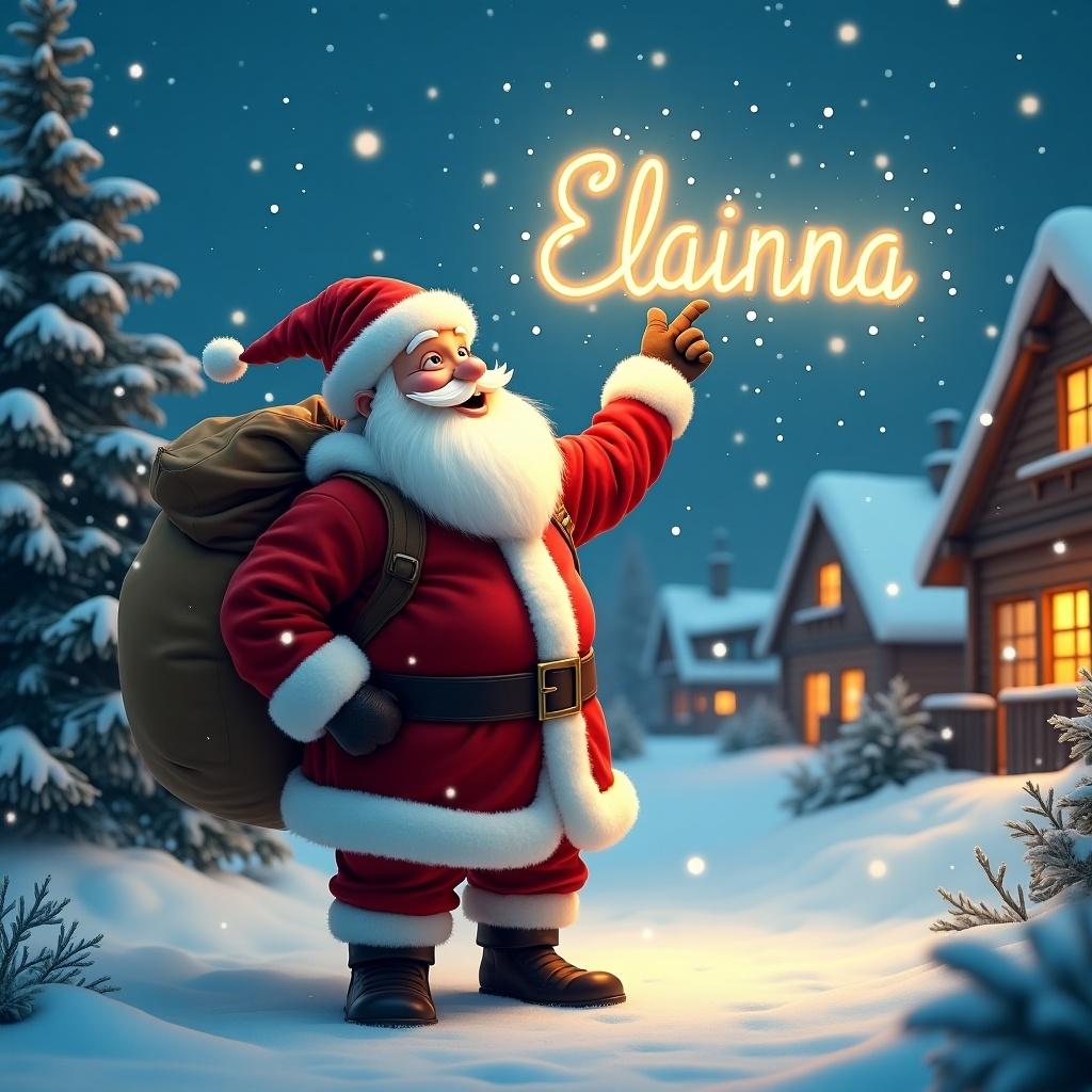 In this enchanting winter scene, Santa Claus is dressed in his iconic red suit, complete with a fluffy white beard and a large sack over his shoulder. He's standing in a snowy village, pointing up at the sky where he is magically writing the name 'Elainna' with glowing light. Snowflakes gently fall around him, and charming wooden houses with warm lights can be seen in the background, surrounded by evergreen trees. The overall atmosphere is festive and joyful, capturing the spirit of Christmas. This image embodies the wonder of the holiday season, inviting feelings of happiness and nostalgia.