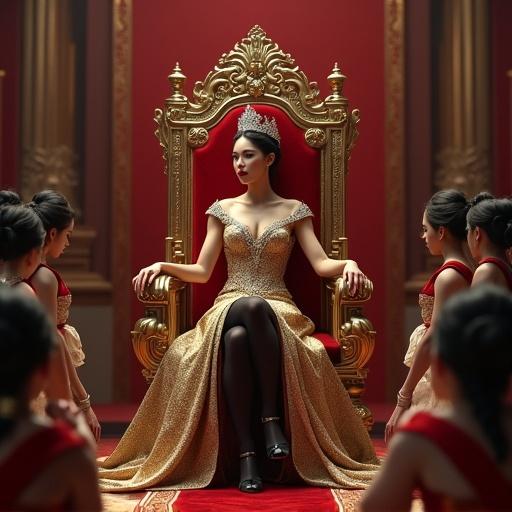 Empress sits on a red and gold throne. She wears a gold gown and diamond crown. Many maids kneel around her. Elegant setting with soft lighting. Ultra-detailed textures. 8K resolution.