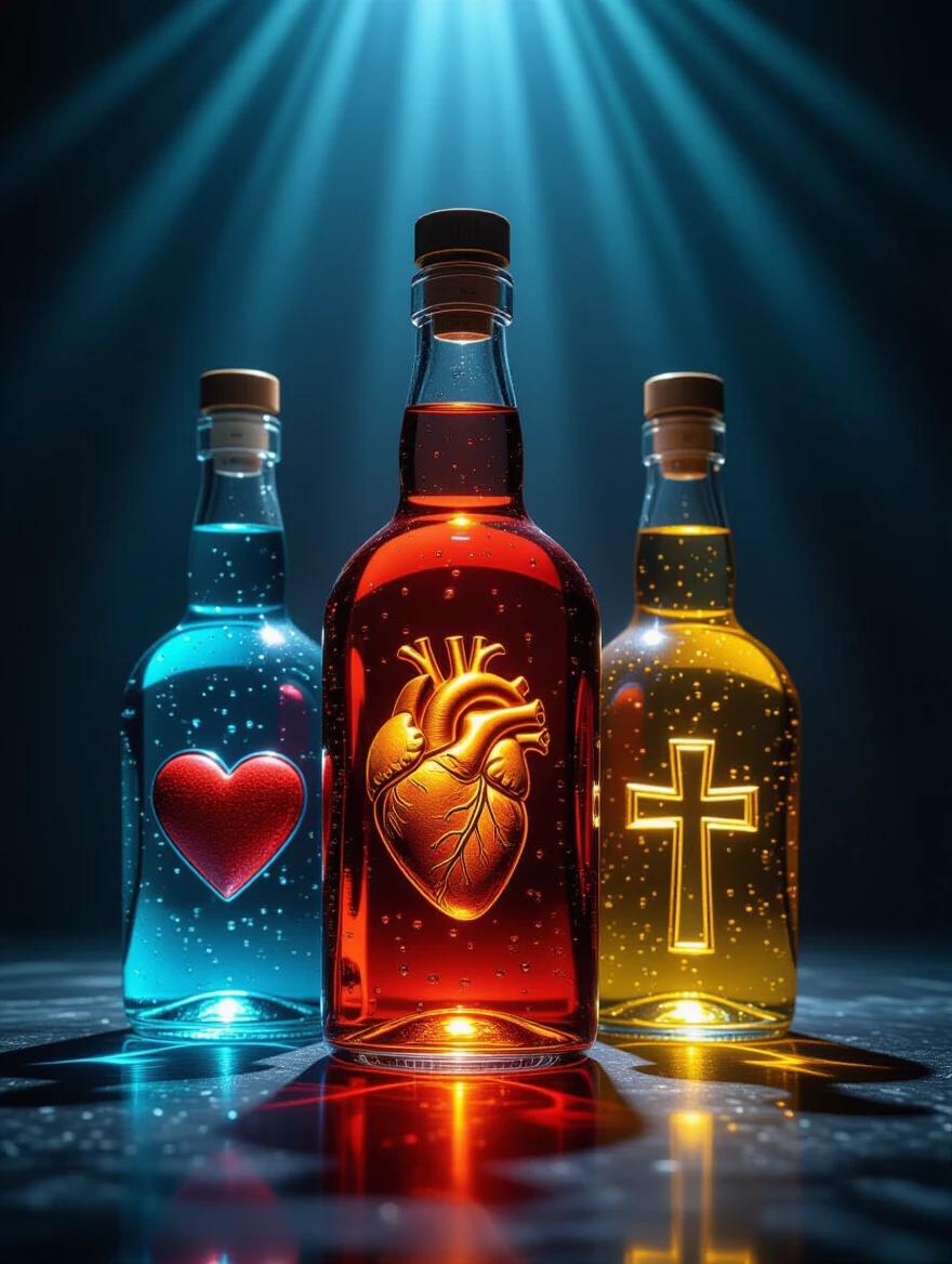 Botellas con forma de corazón cruz y moneda. Cada botella tiene diferentes colores y líquido transparente. Fondo negro y un halo de luz. Estilo realista y con detalle en alta definición.