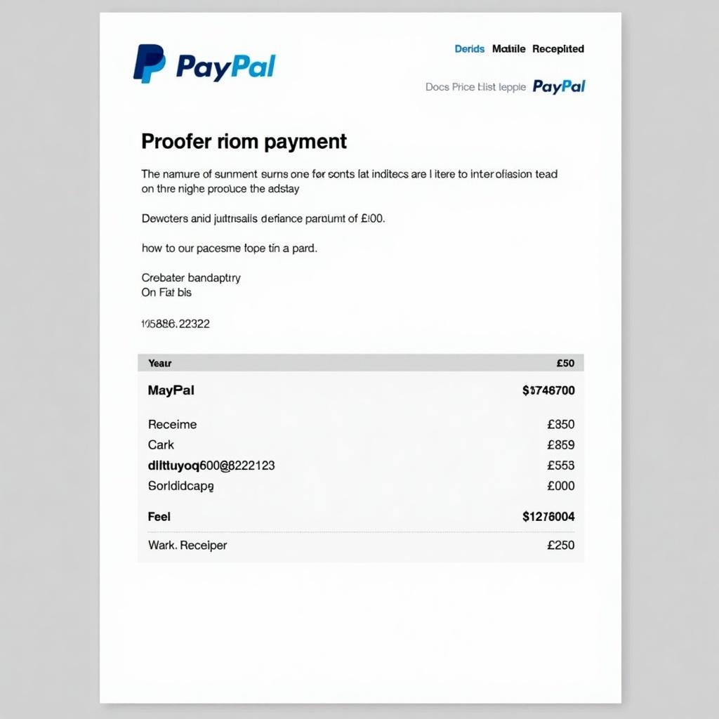 Document shows a proof of payment from PayPal. The payment is directed to an Outlook email address. The receipt features PayPal's recognizable design. The layout emphasizes clarity with bold text and a simple background. The transaction total is £50.