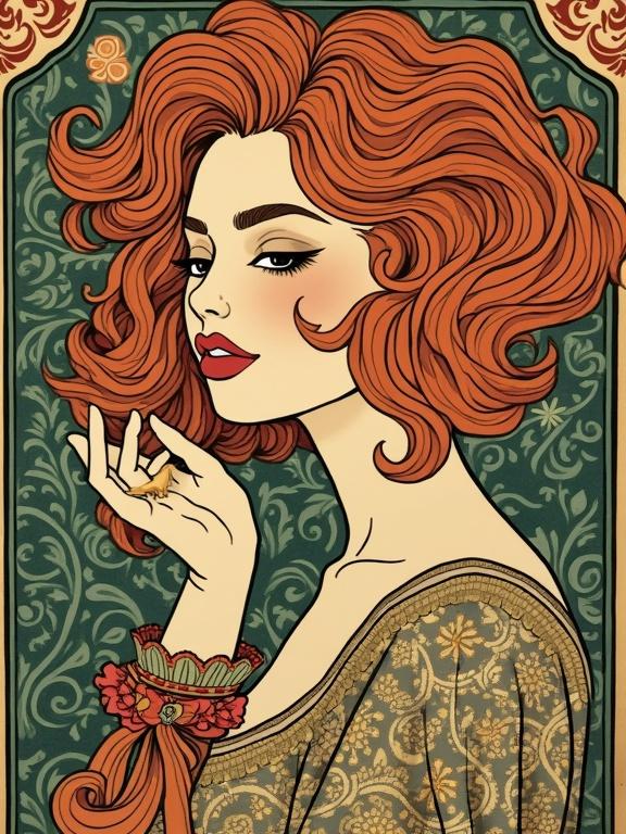 Female figure with red hair. Intricate floral background. Art Nouveau style. Vintage aesthetic. Decorative elements.