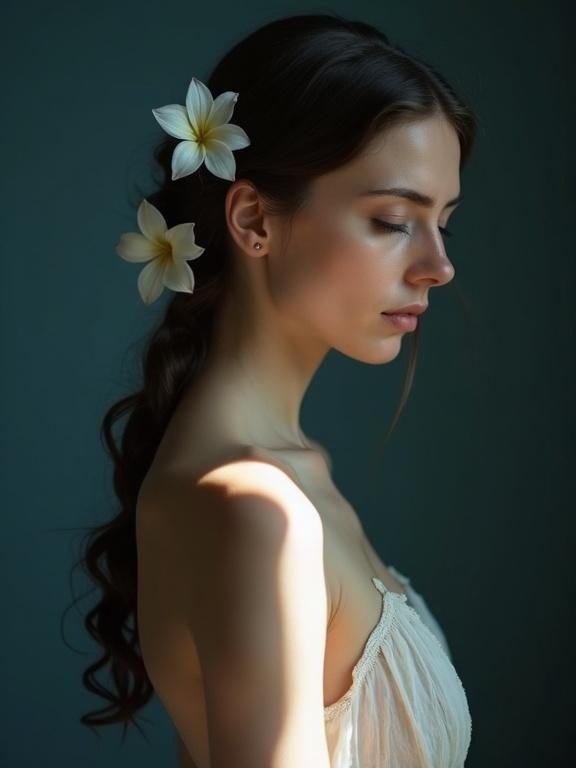Fine art portrait of a Slavic woman in side profile. Bare back highlighted with soft daylight. Long dark brown hair with white flowers. Moody deep blue background. Introspective calm expression. Evokes timeless classical atmosphere.
