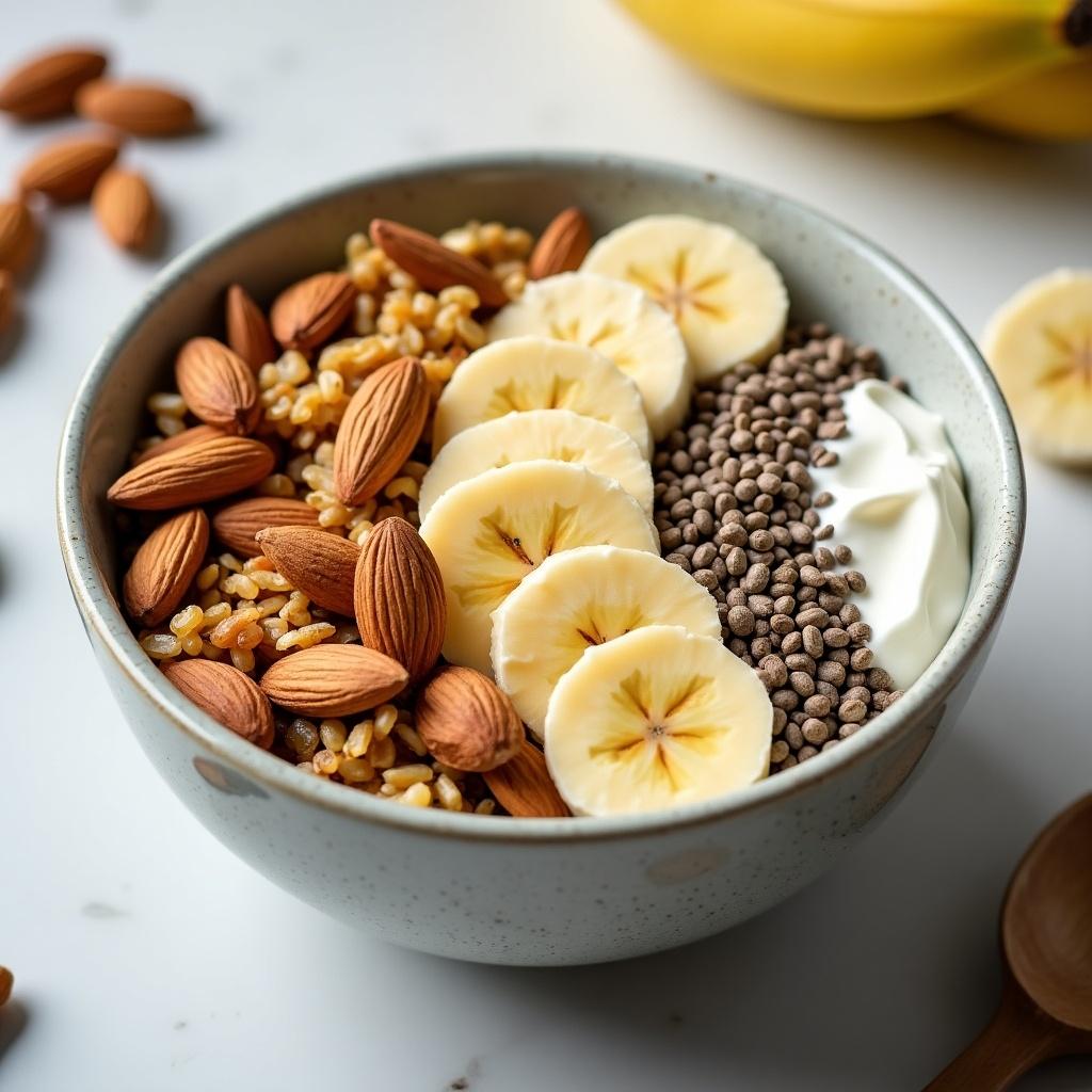 Bowl filled with banana slices granola almonds chia seeds honey and yogurt. Close-up view showing textures and colors of ingredients. Bright background enhances food presentation.