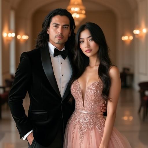 A handsome man with long black hair in a black tuxedo stands beside a beautiful woman with long black hair in a rose gold wedding gown. They look into the camera with neutral expressions. The background is an elegant wedding hall with luxurious decorations and soft lighting. The image is highly realistic and detailed.