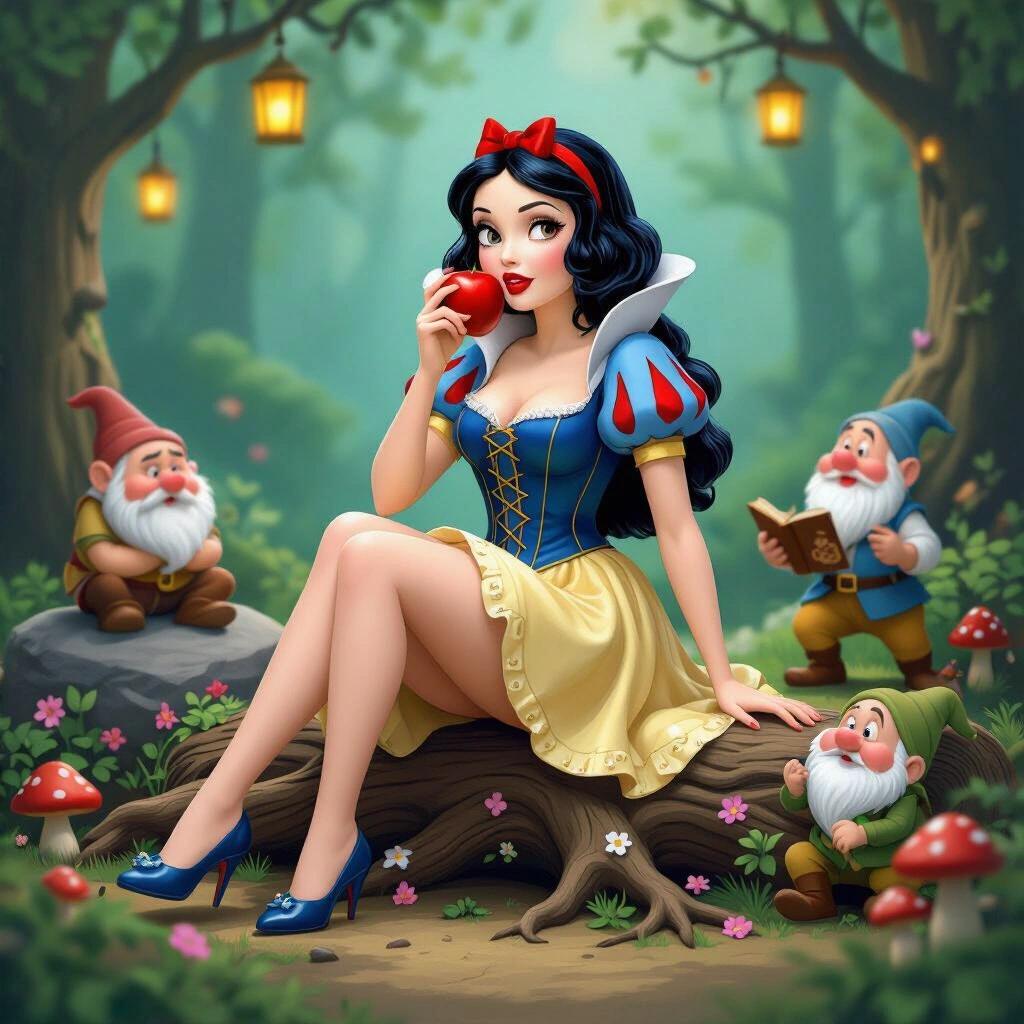 Resin figure of Snow White in a micro dress on a log. Snow White holds a red apple near her lips. She has long black hair and a red ribbon. Seven dwarfs surround her in the forest. Scene contains flowers mushrooms and hanging lanterns. The artwork has a magical atmosphere with soft lighting.