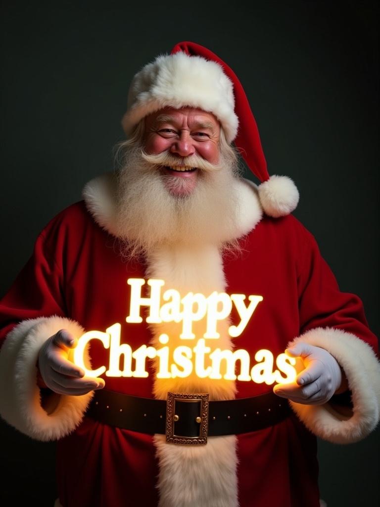 Santa Claus dressed in traditional red and white suit holds a glowing sign with 'Happy Christmas.' Scene captures Christmas magic and joy with a dark background that emphasizes the bright text.