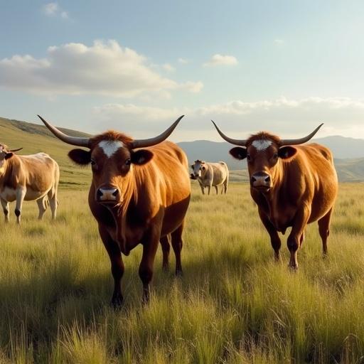 Realistic image of cows grazing in a meadow with an ancient cultural theme.