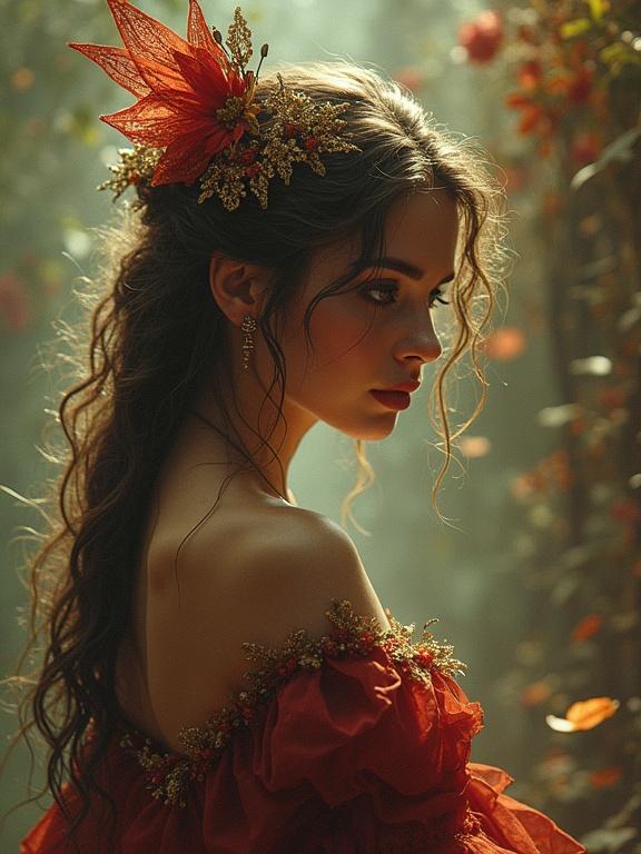 A side profile of a young woman adorned with flowers. She has rich, wavy hair and wears a beautifully detailed red dress. Soft, warm lighting surrounds her amidst nature.