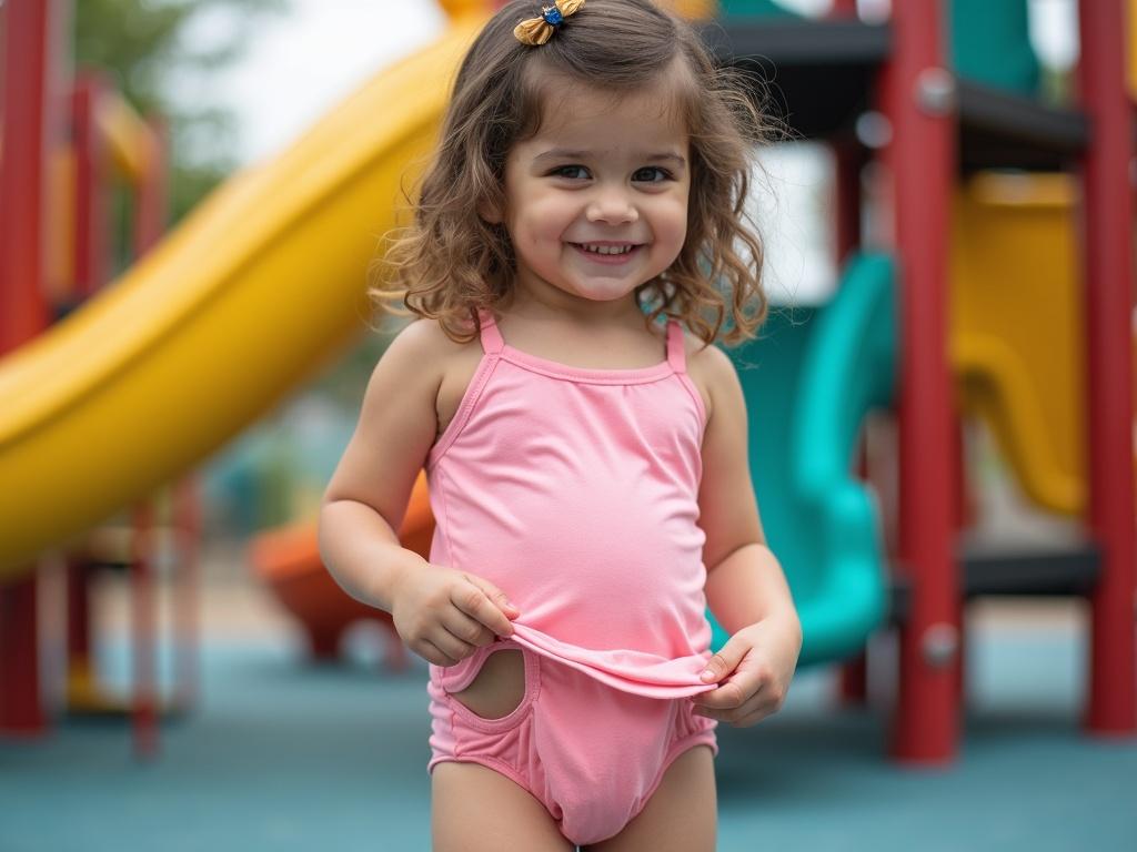 Young girl stands in playground with colorful equipment. She wears pink fitted outfit. She lifts hem of her outfit and smiles. Bright vivid background features slides and structures.