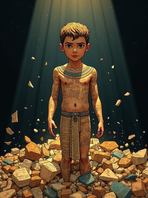 Stylized illustration features a young figure surrounded by visual heritage elements. The figure's body showcases textures from Pharaonic papyrus and broken frescoes. Dark background with focused light highlights the figure's emergence.