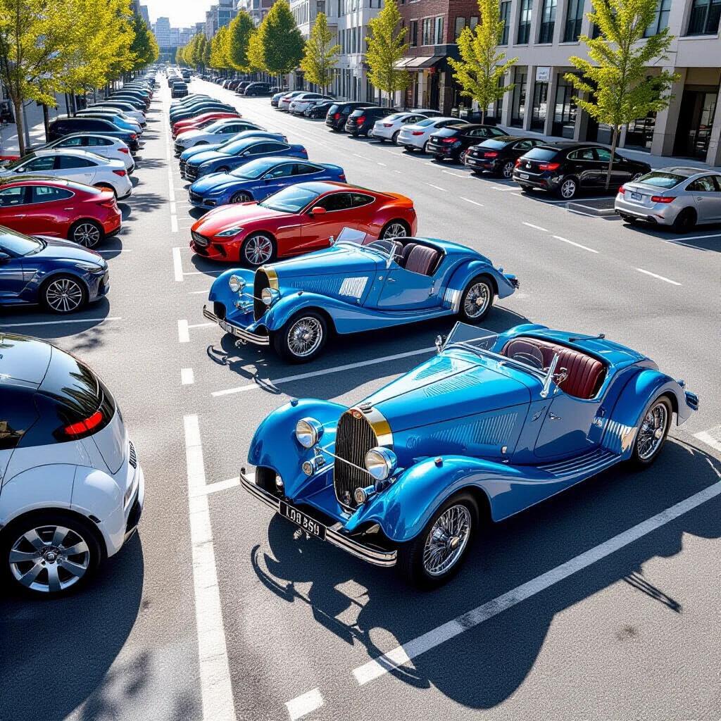 City parking scene with a line of cars at a 45-degree angle. Cars include modern self-driving pods and a prominent 1924 Bugatti Type 35 parked at the end. The photo captures twilight lighting with reflections from light rain. Image options include bokeh effects in foreground and focus on the Bugatti. Show contrast between vintage and modern car designs in a vibrant cityscape.