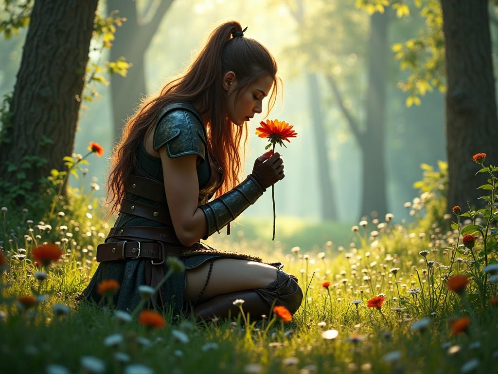 A warrior in medieval armor kneels in a sunlit forest meadow, gently holding an orange flower. The scene captures a serene and contemplative moment, contrasting the warrior's rugged attire with the delicate beauty of the blossoming surroundings. Dappled sunlight filters through the trees, casting a warm glow across the lush green landscape and enhancing the peacefulness of the setting.