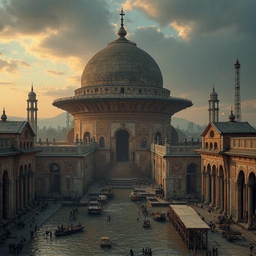 realistic image of grand architecture at sunset near water
