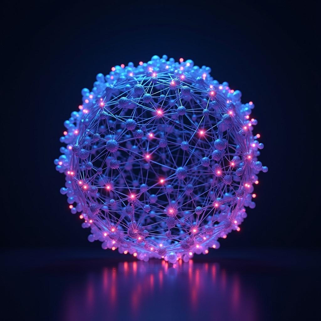 3D mesh shows interconnected nodes. Glowing lines create a spherical shape. Gradient colors feature neon blue and purple.