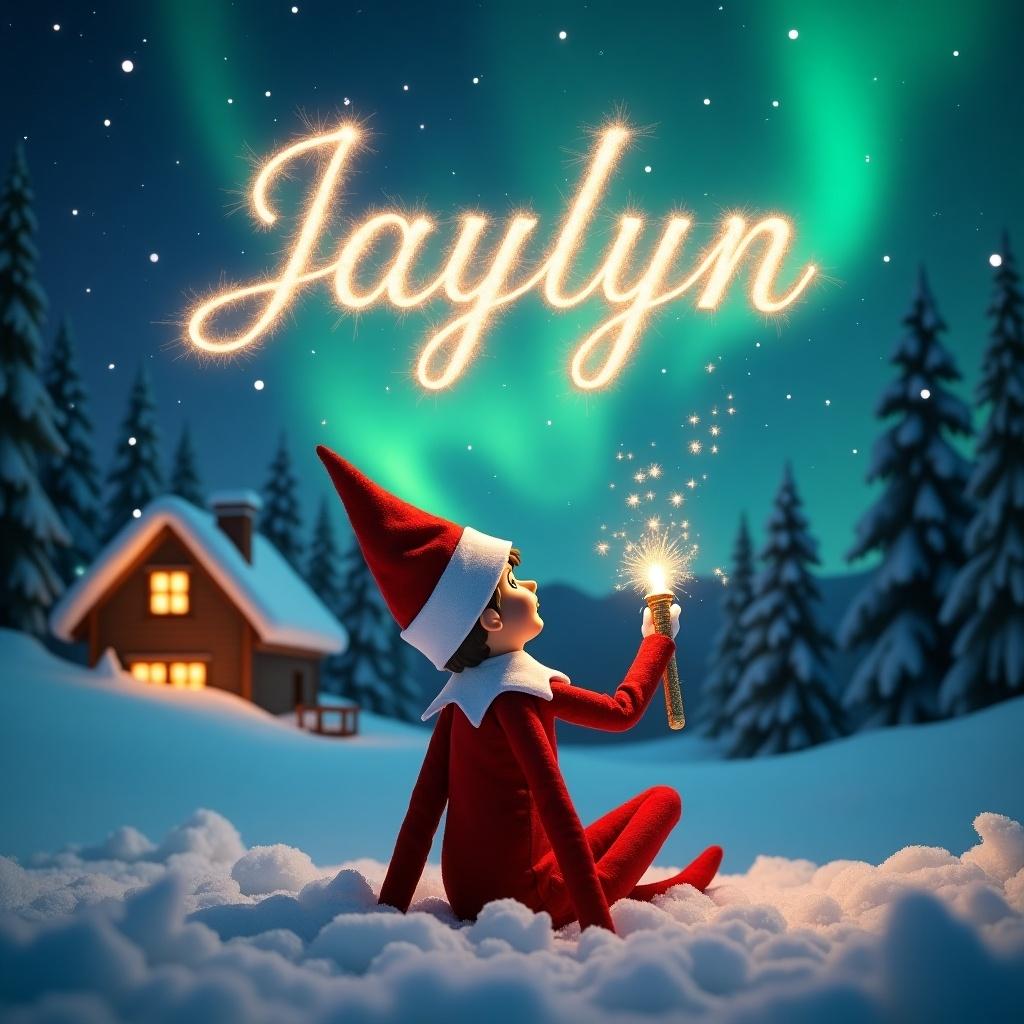 An elf on the shelf is seated on a snowy ground, with his back facing the viewer as he gazes upward. He holds a shimmering magic wand, enchanting the night sky. Above him, the name 'Jaylyn' is written in elegant, sparkling letters amidst a backdrop of vibrant northern lights. The scene is magical, embodying the essence of Christmas, with soft snow covering the landscape and a cozy cabin visible in the background. The entire atmosphere radiates warmth and festive spirit that captures the joy of the holiday season.