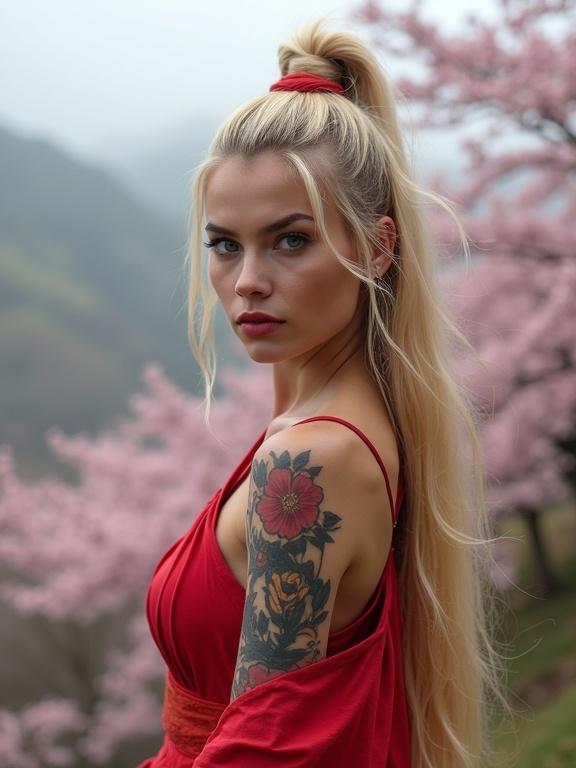 Portrait of a female dressed in red. Long blonde hair styled in a topknot. Floral tattoos adorn her porcelain body. Background features cherry blossom trees and foggy hills.
