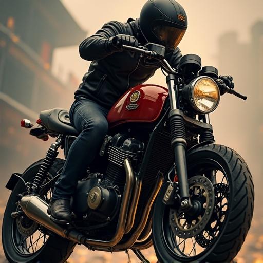 A custom motorcycle design inspired by the character Kaneda from AKIRA. The motorcycle is prominently red with sleek black elements. The rider is wearing full protective gear. The background features a muted urban landscape, suggesting a gritty setting. Smoke and haze add to the atmosphere. The motorcycle appears in motion, emphasizing speed and thrill.