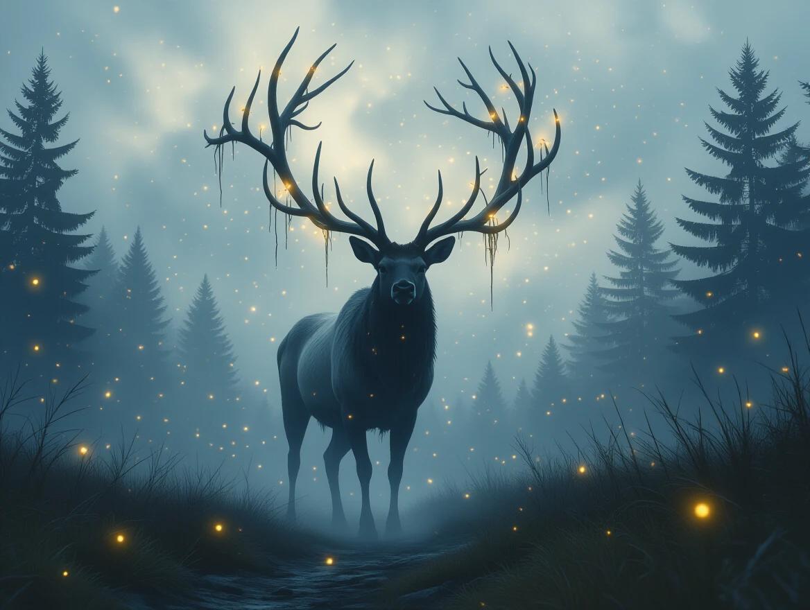 A towering elk-like creature with spindly legs and broken antlers. Surrounded by drifting fireflies. Antlers blooming with glowing blossoms. Walking through a misty forest path under a stormlit sky. Guiding the lost and dying before disasters strike. Form shrouded in gloom and light. Humming melodies. Dark fairytale atmosphere. High detail and painterly style.