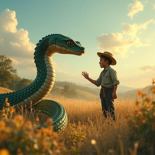 A narrative involving a snake and a farmer in a scenic landscape. The scene captures a farmer gesturing towards a large snake amidst nature during sunset.