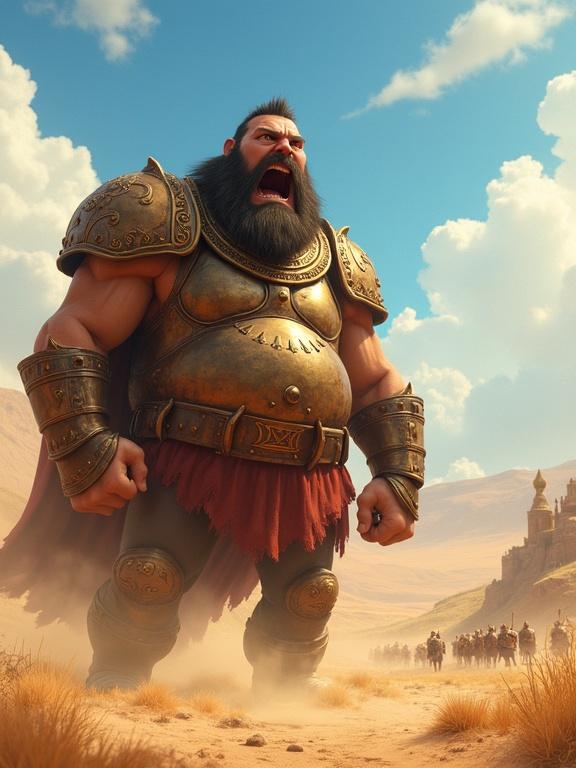 Colossal, grumpy-looking giant warrior wearing heavy bronze armor. The giant stands in a dusty valley. He shouts toward a tiny army camp nestled in the hills. The atmosphere is sunny and intimidating. Character designed in a Pixar style with expressive features.