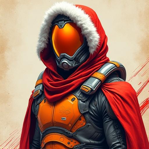 A digital painting depicting a futuristic armored figure. The figure wears a red hooded cape designed like a Santa hat with white fur trim. The helmet features a sleek shape with a reflective red-orange visor. The armor mixes chrome and orange colors with tactical straps. A leather glove grips the edge of the cloak. Background is minimalistic and textured like parchment, with sketch-like lines and red motion streaks. The style combines comic book illustration and concept art with expressive linework.