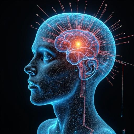 Illustration of a brain with biometrical spheres and no human figures. High-tech conceptual design emphasizing futuristic elements.