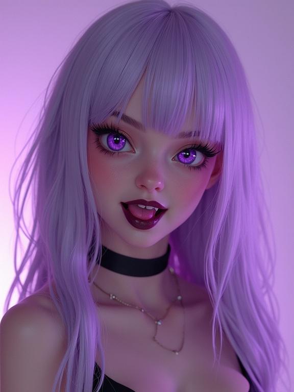 Portrait of a woman with long light purple hair and striking purple eyes. She has a playful yet seductive expression. The background is a gradient of light to dark purple. She wears a black choker. Lighting is soft and enhances her features.