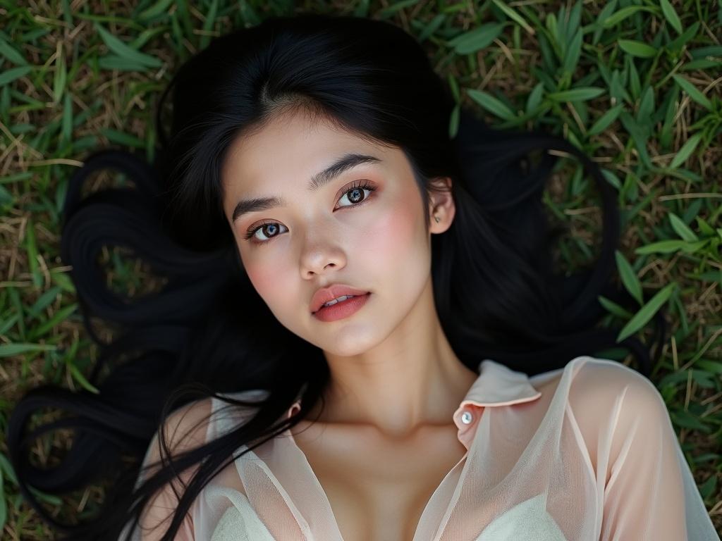 Beautiful young woman laying in green grass. She has long black hair and brown eyes. Wears a sheer black shirt. Captivating expression with a soft smile.