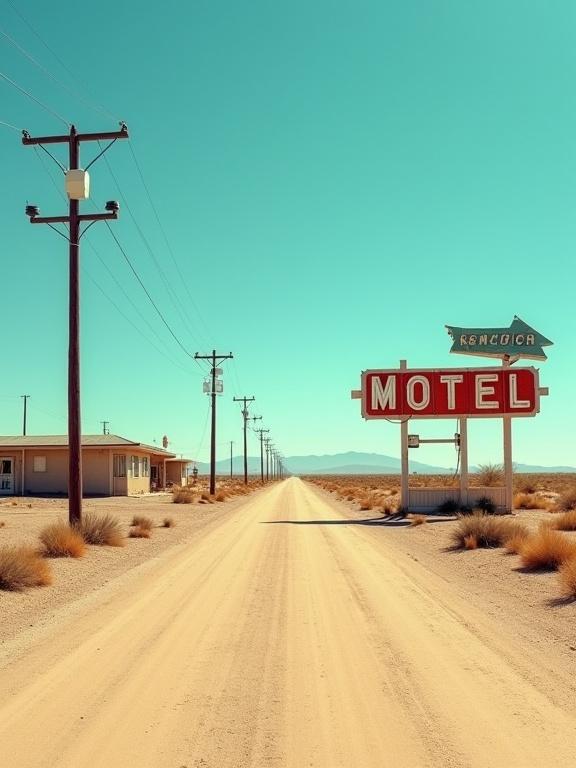 Roadside scene in the American Southwest. Desert landscape with a dusty road leading to a rundown motel. Motel has a faded sign and broken windows. Telephone poles line the road. Dry scrub surrounds the area. Hot and silent atmosphere. No cars or people visible. Empty desert stretches to horizon.