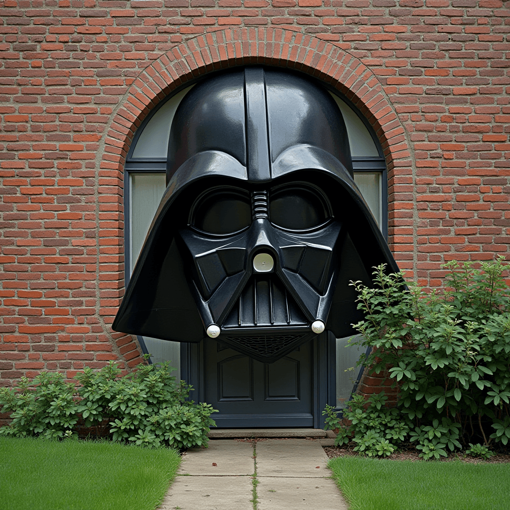 A large Darth Vader helmet serves as an unconventional awning above a door set in a brick wall.