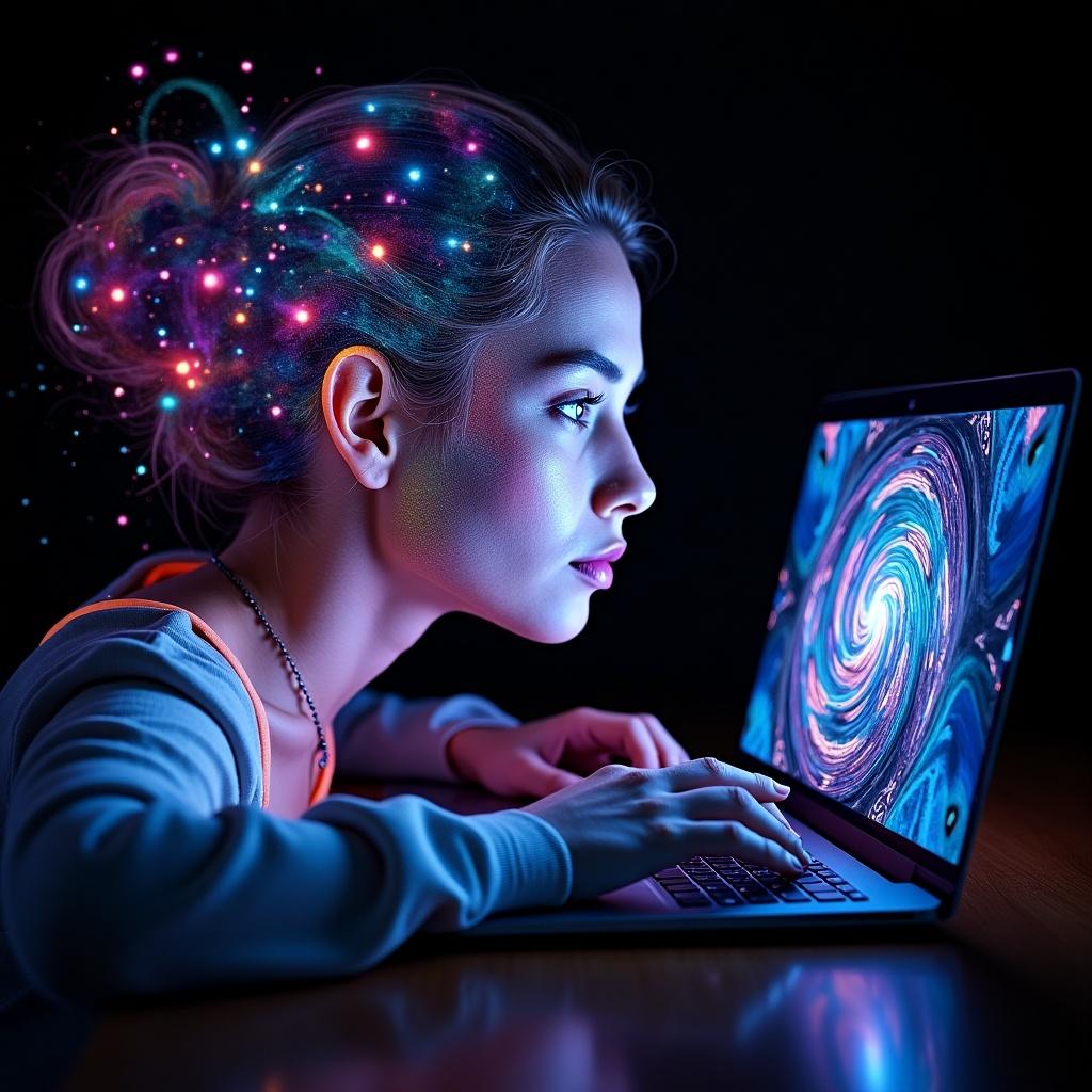 A portrait with vibrant colors and swirling patterns. A person sits in front of a laptop in a dimly lit room, with colorful patterns emerging from their head.