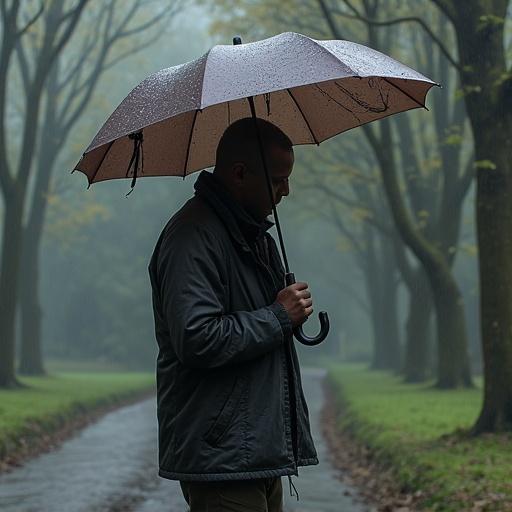 A tired person stands under a broken umbrella in a foggy forest. The person appears contemplative and weary, surrounded by tall trees barely visible in the mist. The path in front is lined by soft foliage, evoking a sense of solitude.