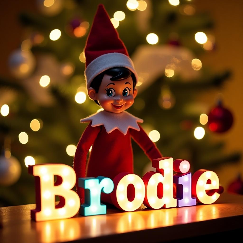 This image features a cheerful elf on the shelf in a vibrant Christmas scene. The elf is dressed in a classic festive red and white outfit, exuding joy. It is creatively arranging the name 'Brodie' using colorful lit letters, embodying the spirit of personalization for the holiday. Behind the elf, a beautifully decorated Christmas tree adds to the joyous atmosphere, enhanced by twinkling lights. The warm tone of the image captures the essence of Christmas magic, making it perfect for family celebrations and gift ideas.