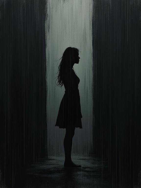 digital oil painting with harsh brush strokes showing a silhouette of a woman standing in the rain. strong negative space against a black background with rough edges in an incomplete illustration. surreal shapes and an abstract mood inspired by Sin City style, vertically oriented with a god's eye perspective.