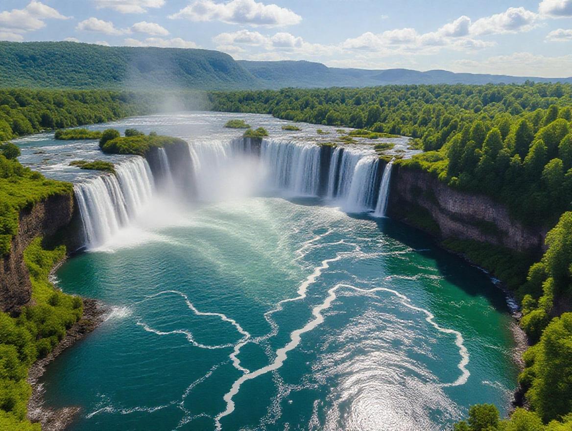 A hyper realistic photo of a powerful waterfall cascading down rugged cliffs into a large serene lake below with lush green surrounding landscape.